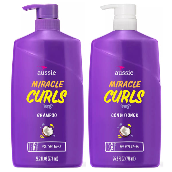 Aussie Miracle Curls Shampoo and Conditioner Dual Pack (26.2 oz each), infused with coconut and jojoba oil.